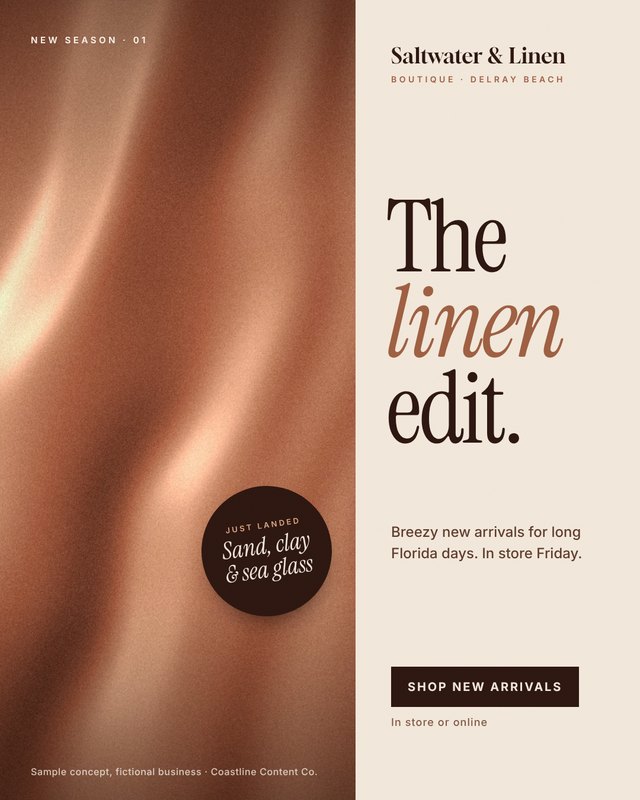 Sample social media graphic concept for Saltwater & Linen (fictional business), Delray Beach: “The linen edit.”