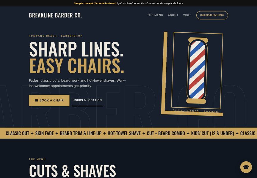 Screenshot of a sample website concept for Breakline Barber Co. (fictional business), Pompano Beach