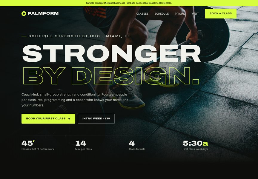 Screenshot of a sample website concept for Palmform Studio (fictional business), Miami