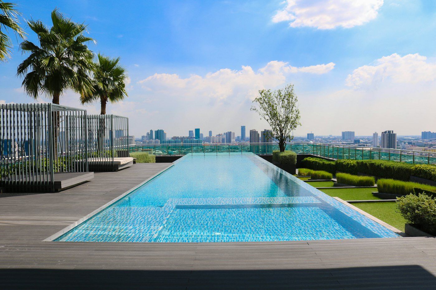 Long rooftop infinity pool with palm trees and city skyline