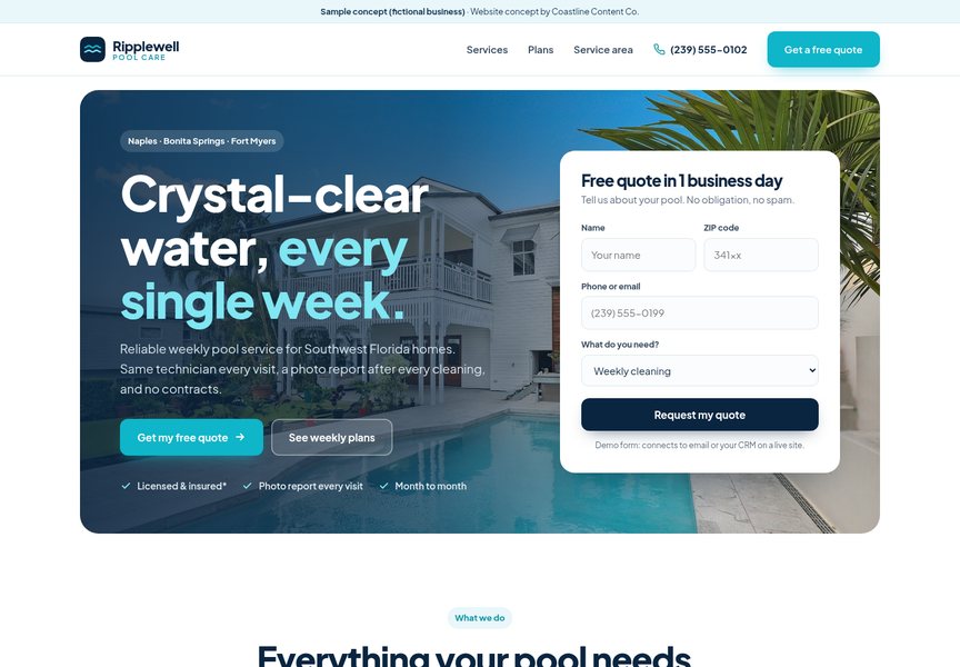 Screenshot of a sample website concept for Ripplewell Pool Care (fictional business), Naples