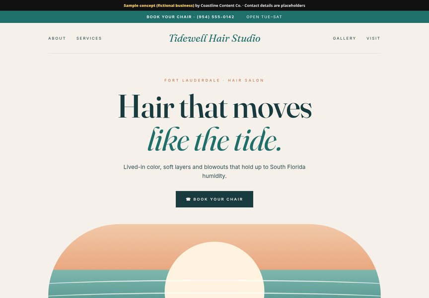 Screenshot of a sample website concept for Tidewell Hair Studio (fictional business), Fort Lauderdale